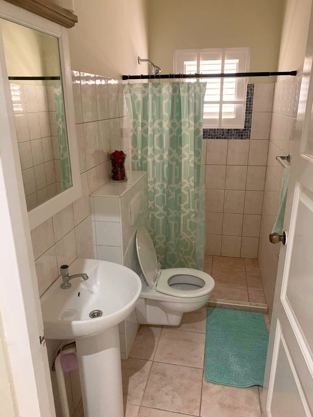 A bathroom with a shower, washbasin and toilet