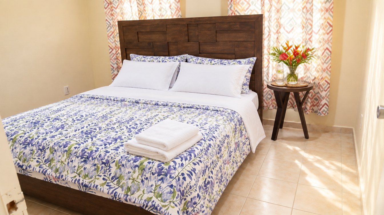 A bedroom with a double bed, floral bedding and folded towels
