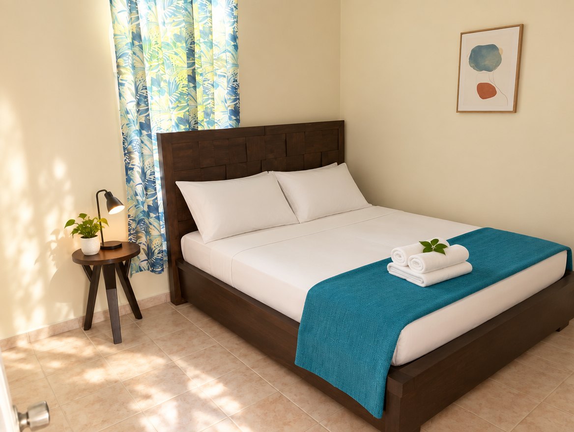 A bedroom with a double bed and palm-print curtains