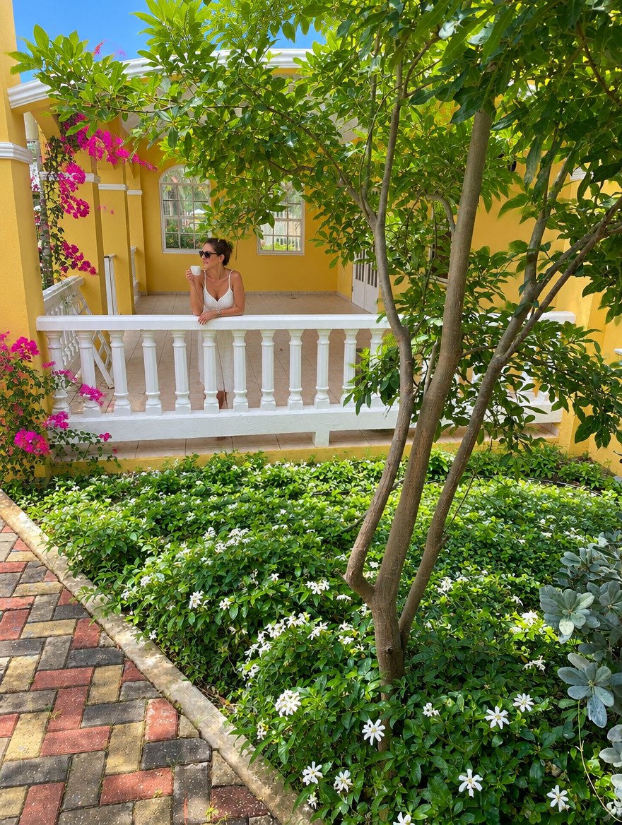 Garden path beside the yellow villa with a flowering tree